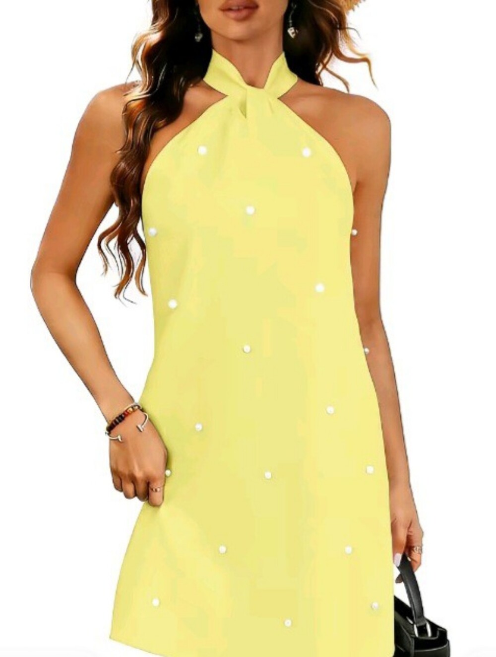 HYZ  Pearl Beaded Halter Twist Sleeveless Tie Back A Line Dress